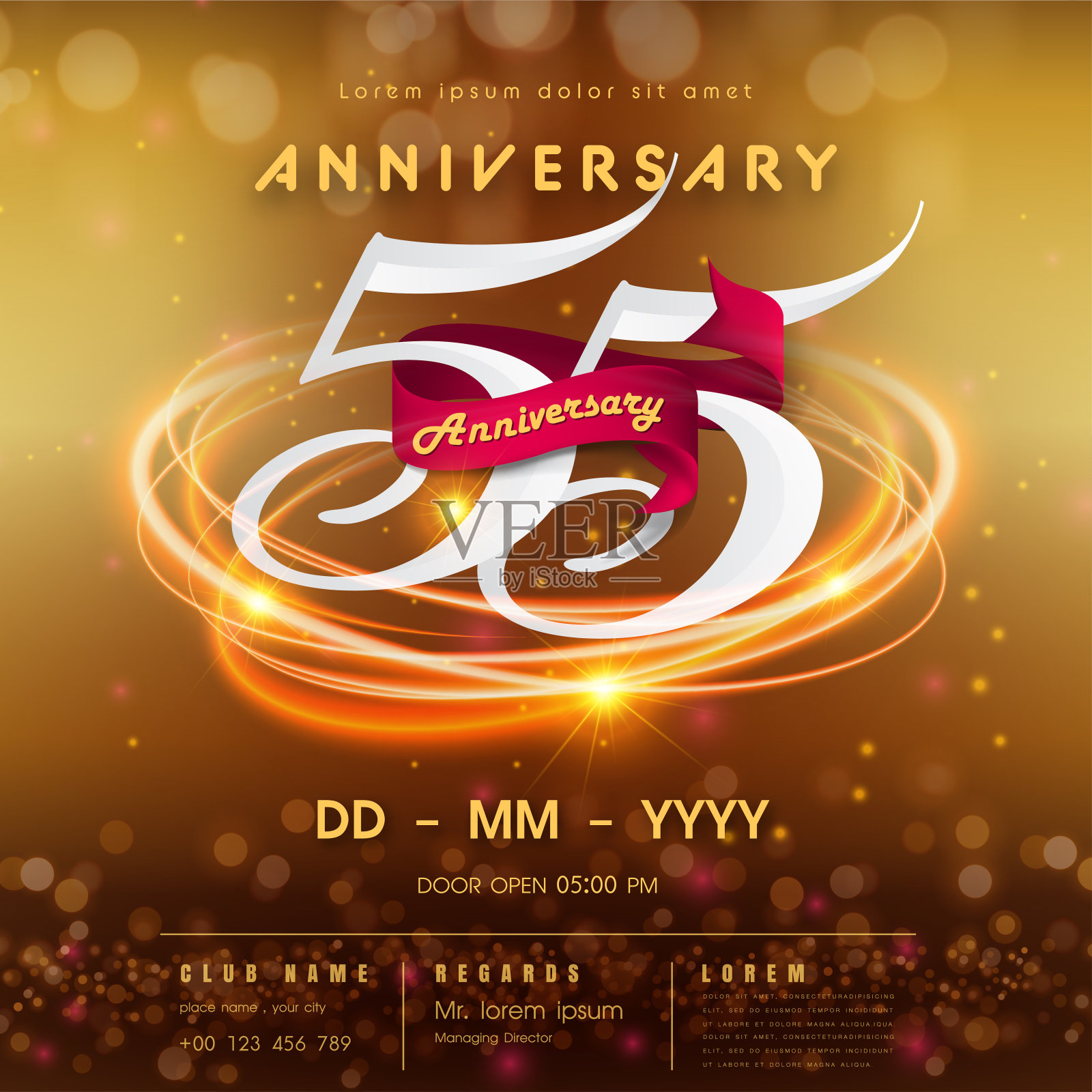 55周年纪念符号模板上的金色抽象未来主义空间背景。第55届现代科技设计庆祝数字与高科技网络数字技术概念设计元素。插画图片素材