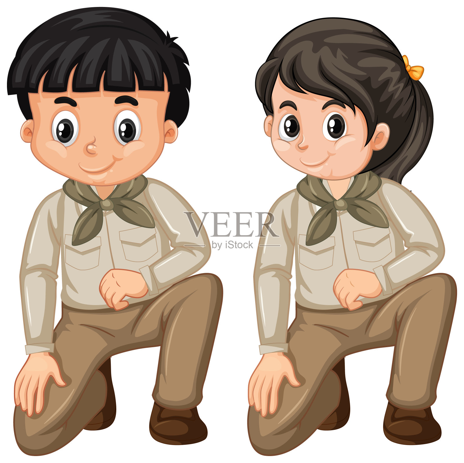 男孩和女孩在白色背景下穿着童子军制服设计元素图片