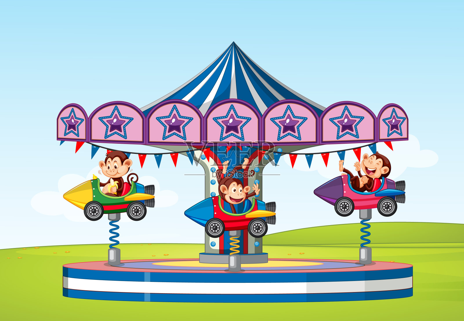 猴子在公园里骑火箭的场景插画图片素材