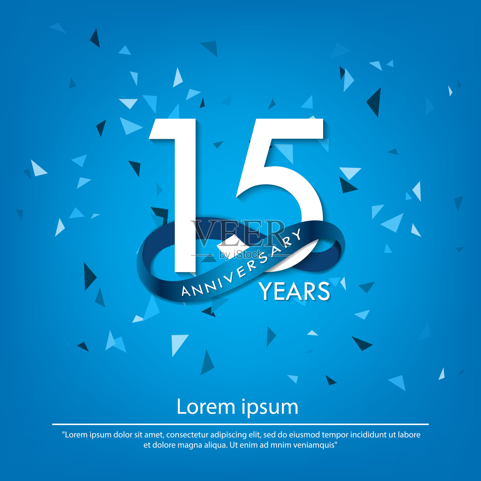 15周年庆典会徽。白色周年纪念标志孤立与蓝色圈丝带。矢量插图模板设计的网页，海报，传单，贺卡和邀请卡插画图片素材