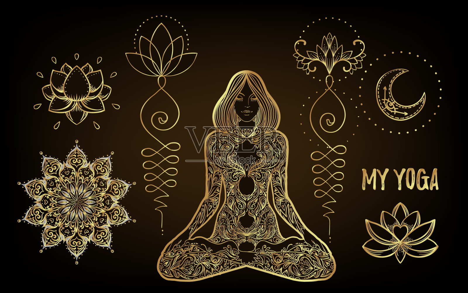 神圣几何学和Boo符号集。阿育吠陀是和谐和平衡的象征。纹身设计，瑜伽标志。海报、t恤纺织。彩色彩虹渐变超过黑色。插画图片素材