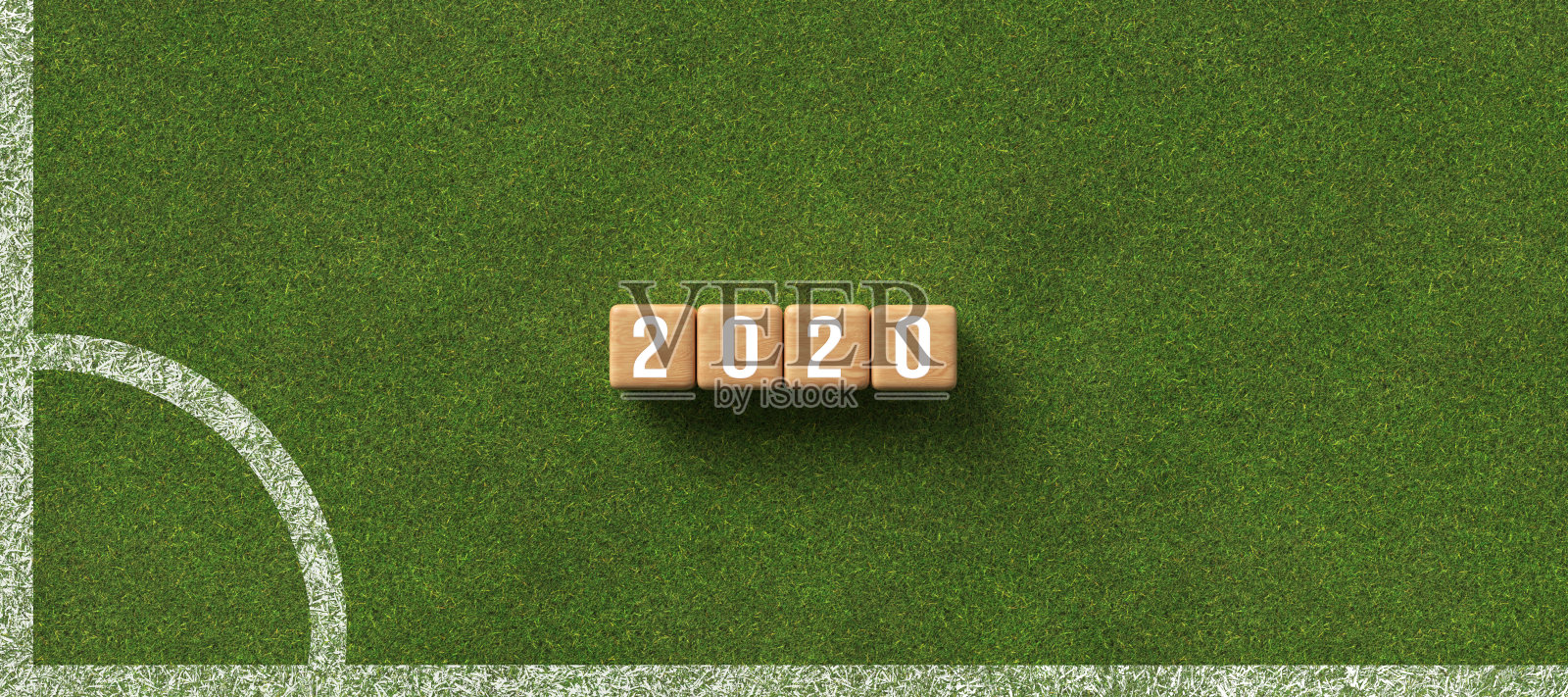 数字2020在绿色草地上的立方体背景- 3D渲染插图照片摄影图片
