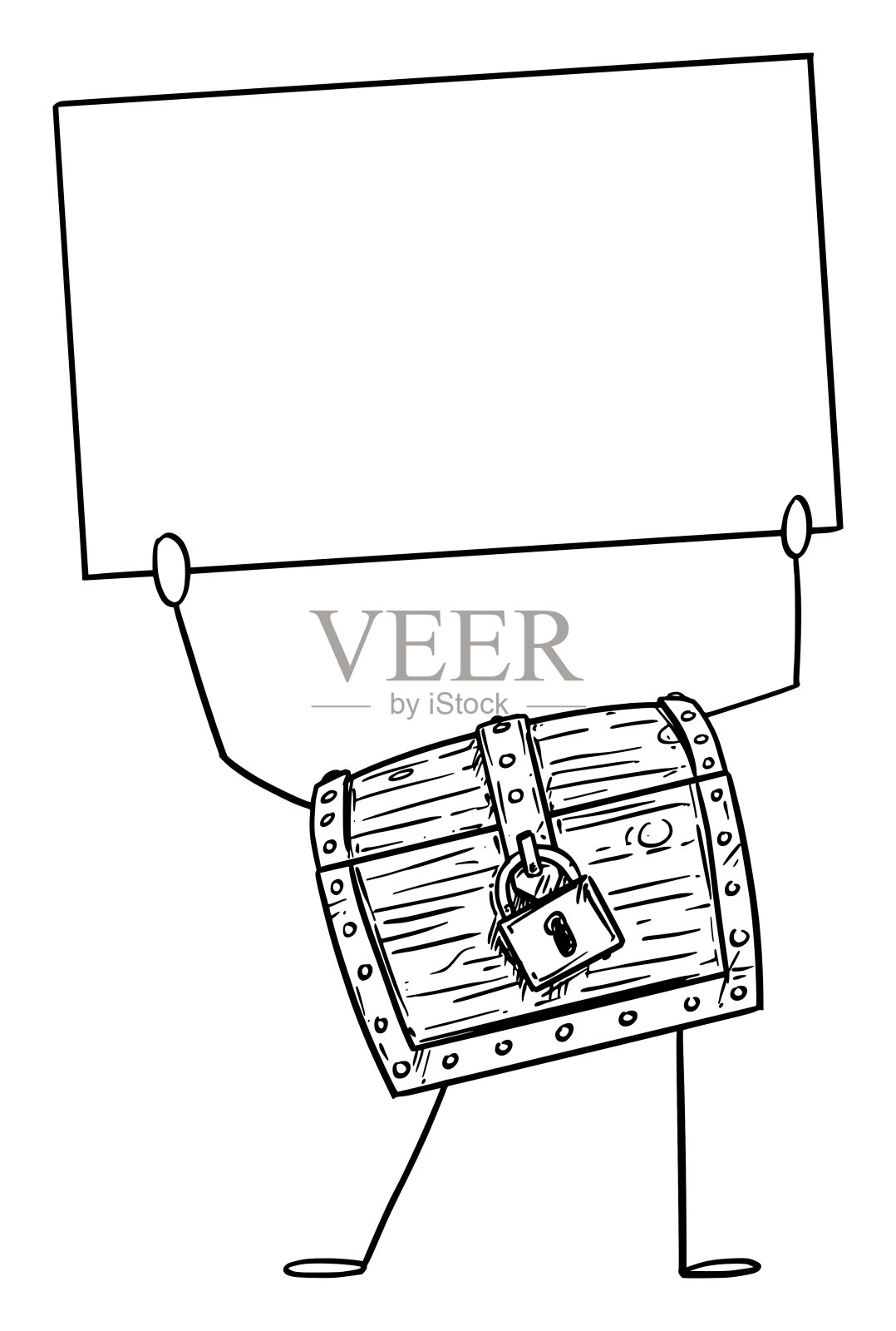 锁定的宝藏海盗胸部卡通人物持有空的标志在手上，矢量插图插画图片素材