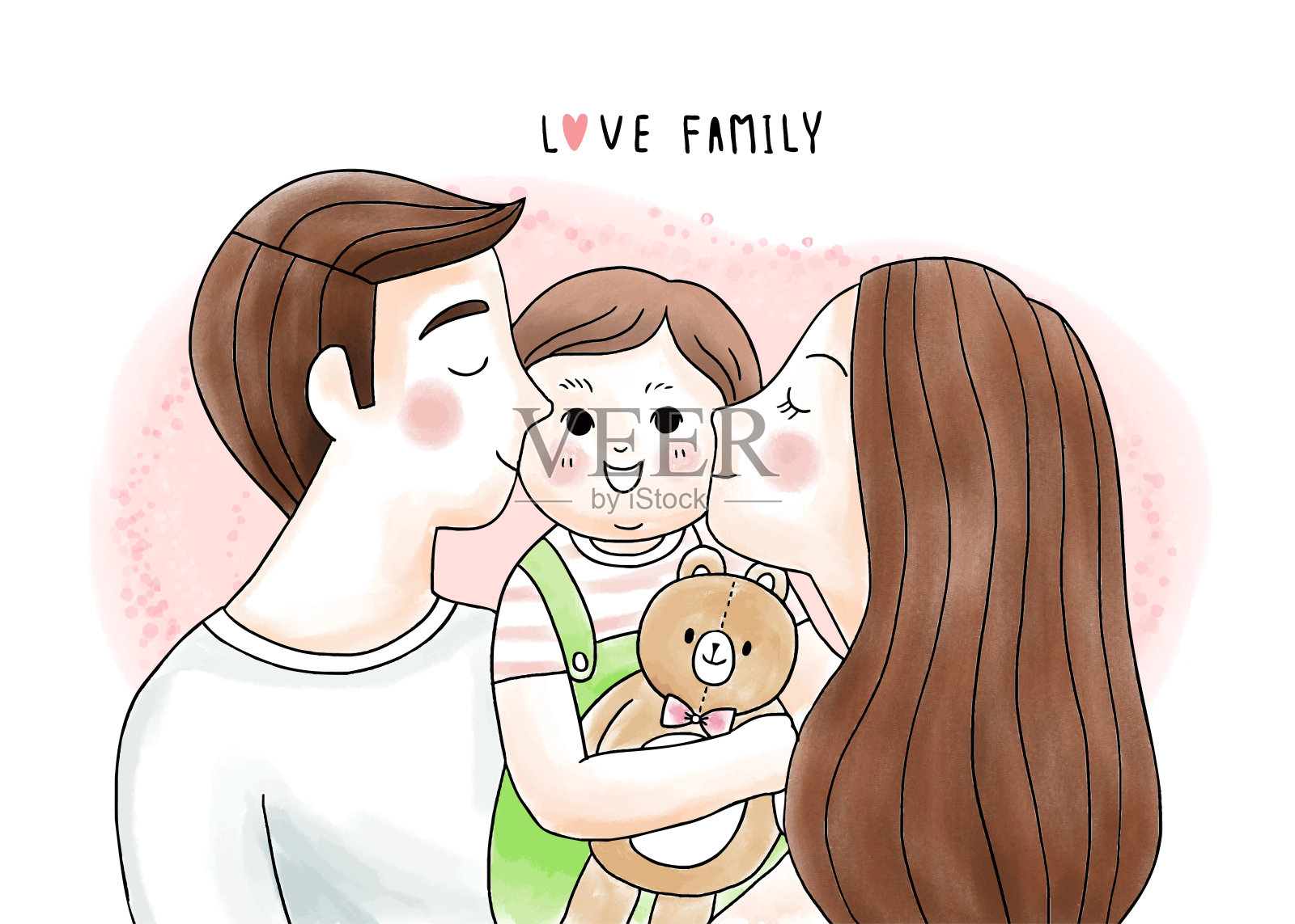 卡通可爱的爸爸和妈妈亲吻和拥抱我们的宝宝和熊娃娃向量。插画图片素材