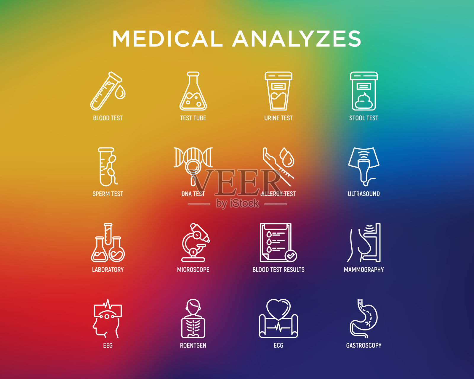 医学分析细线图标集:血检，尿检，大便，心电图，乳房x线摄影，精子，DNA，超声，脑电图，x线，胃镜。矢量插图实验室网页。插画图片素材