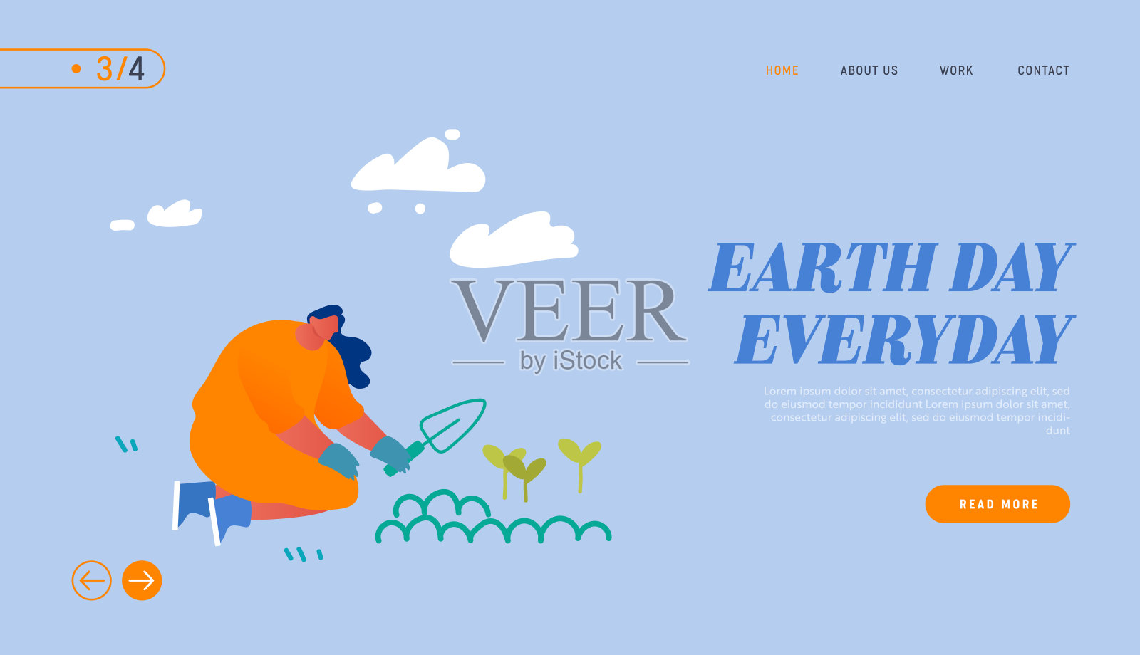 全球变暖、环境保护和地球日网站登陆页面。在花园生态保护网页横幅中，妇女志愿者植树种花。卡通平面矢量插图插画图片素材