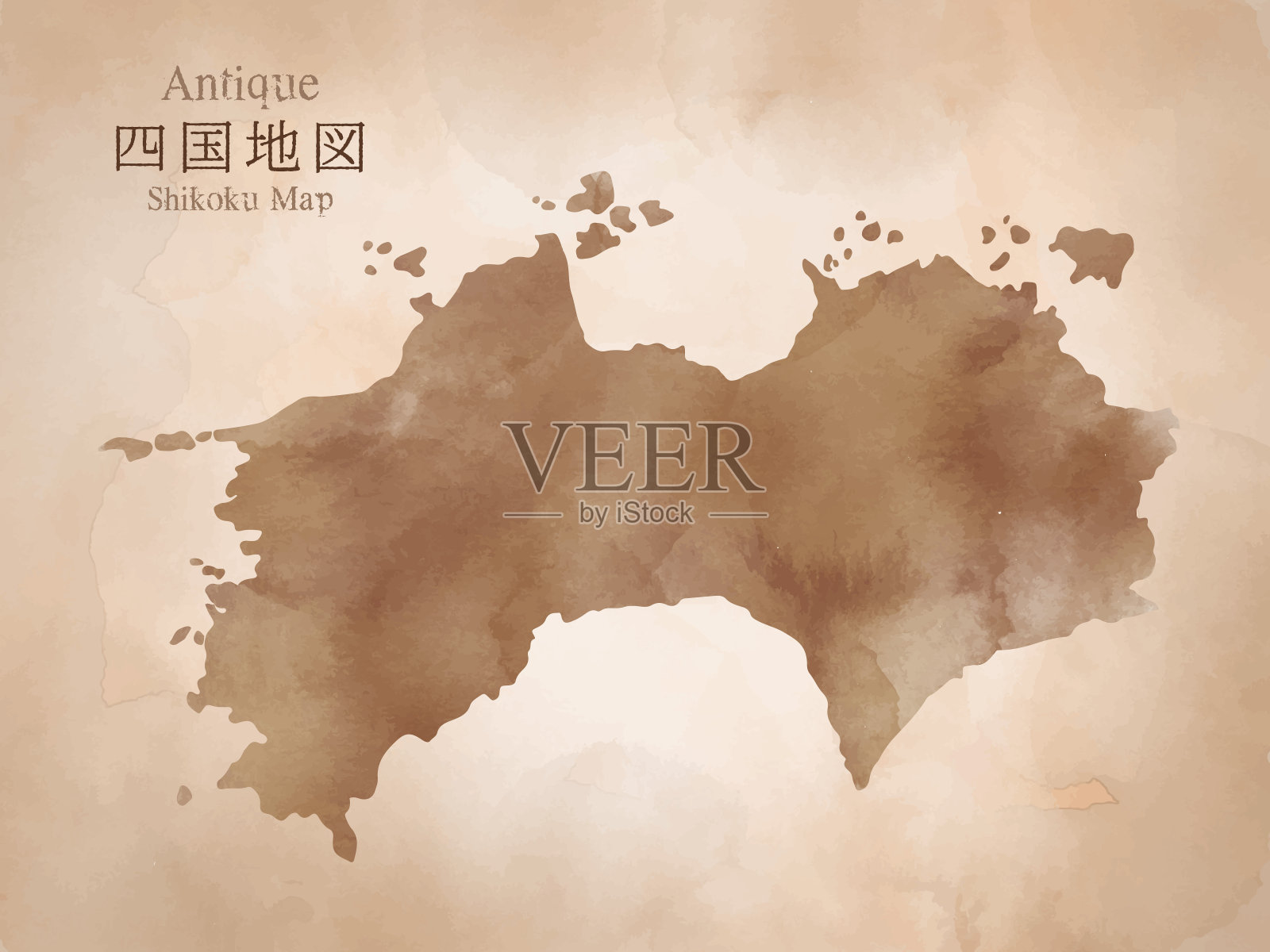 日本四国地区仿古地图，具有水彩纹理插画图片素材