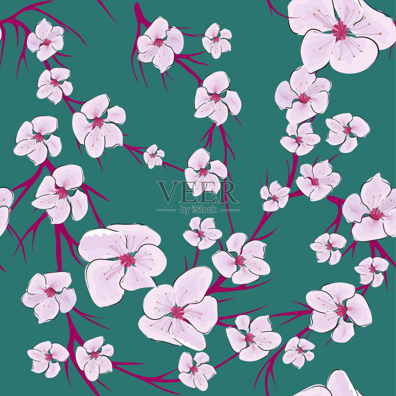 日本模式向量。以樱花为背景的现代抽象插画。花花无缝图案。插画图片素材