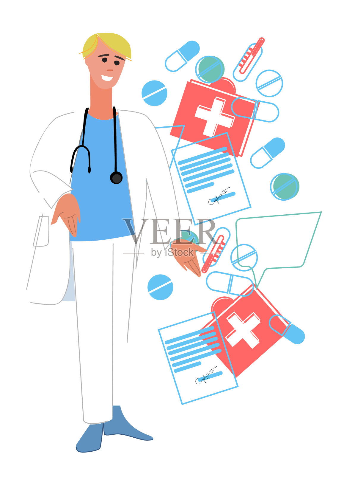 医生用听诊器和拼贴的药品，医疗处方和温度计插画图片素材