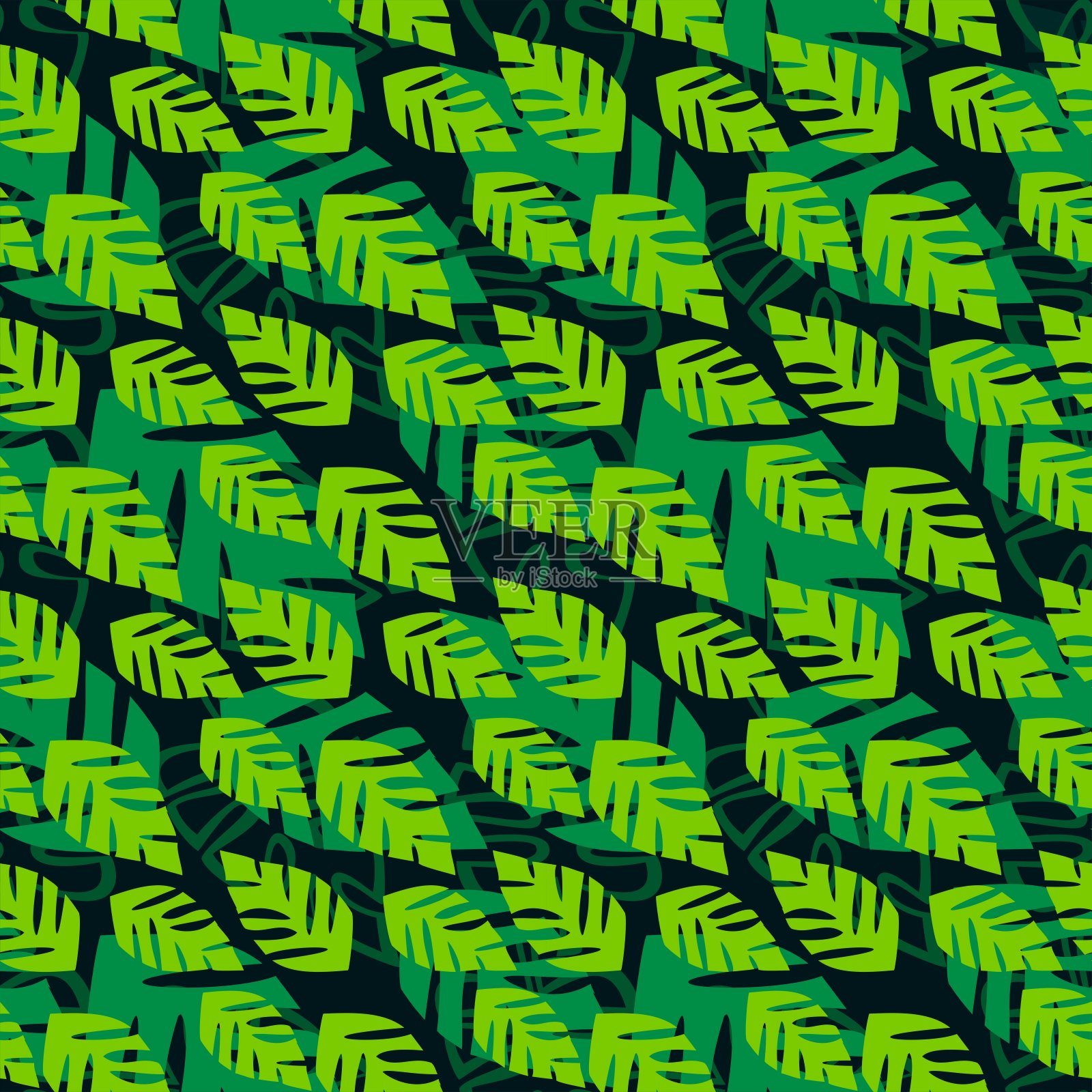 奇异热带矢量无缝图案：棕榈树叶、龟背竹、丛林树叶，手绘，适用于设计、包装纸、织物、纺织品、地毯、服装、壁纸、潮流背景插画图片素材