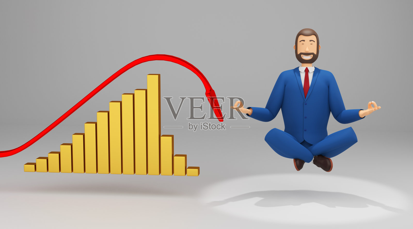 卡通人物，商人坐在莲花的位置。三维渲染照片摄影图片