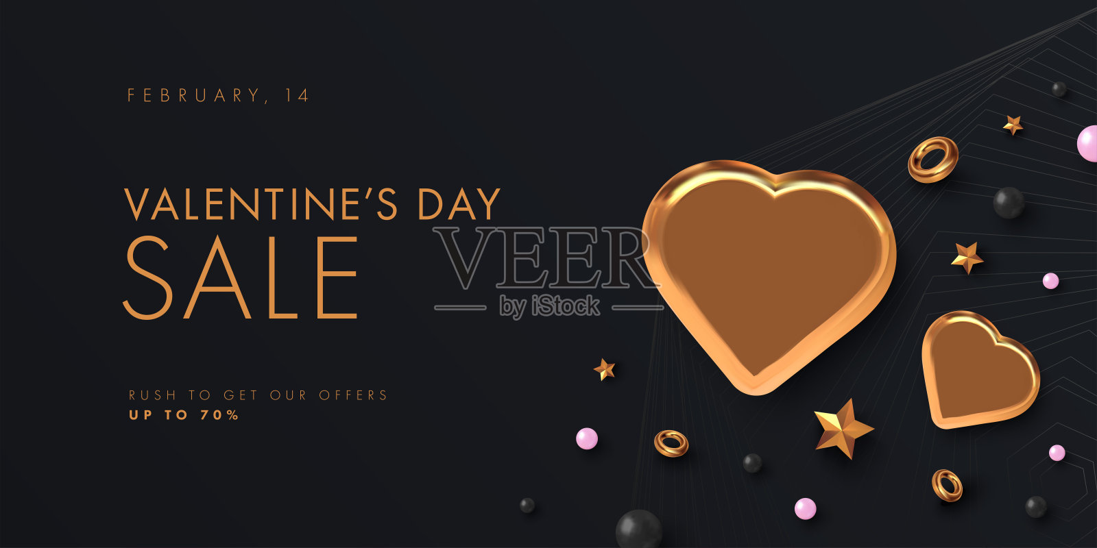 快乐的情人节销售背景与金色的星星和心形在现实的矢量设计。假日提供布局在黑色，珍珠和文字。浪漫问候网页横幅布局模板。设计模板素材