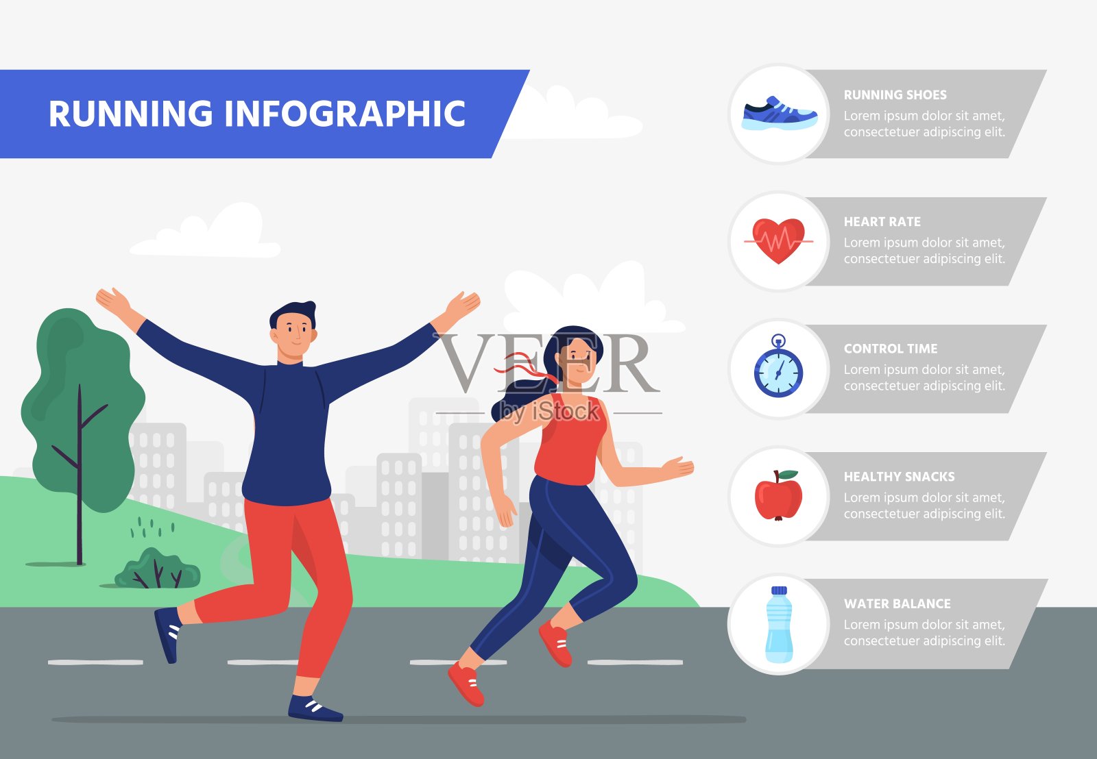 运行信息。户外健美操健身训练、跑步运动装备信息图健康矢量插图插画图片素材