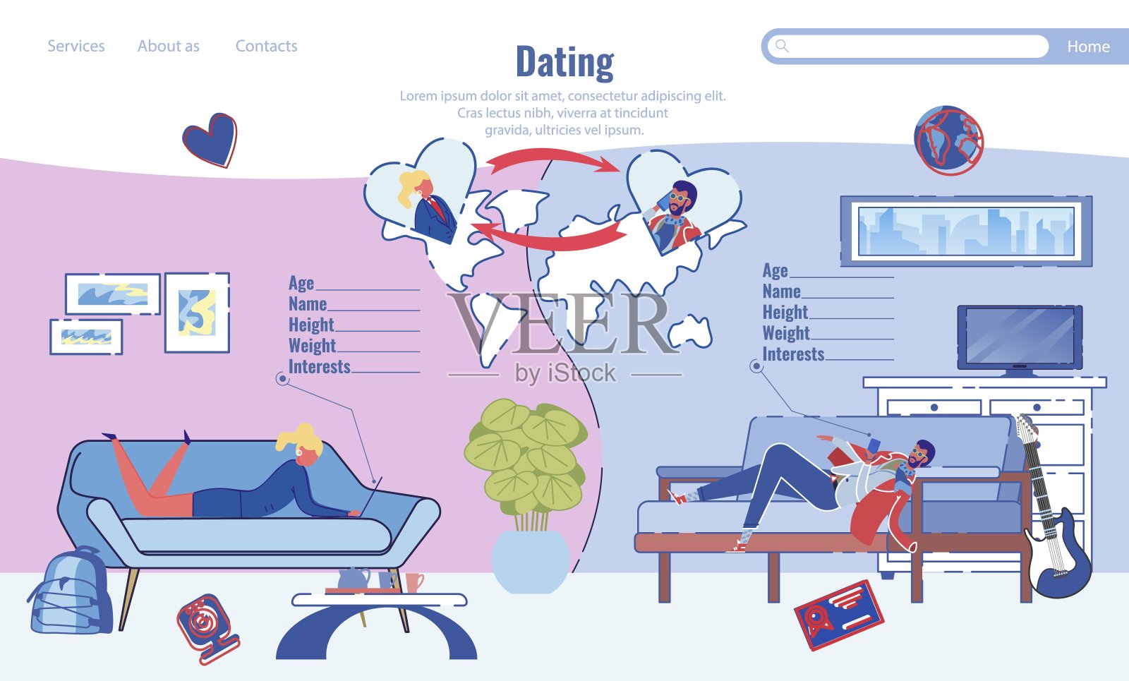 在线约会，会议网站和交流。插画图片素材