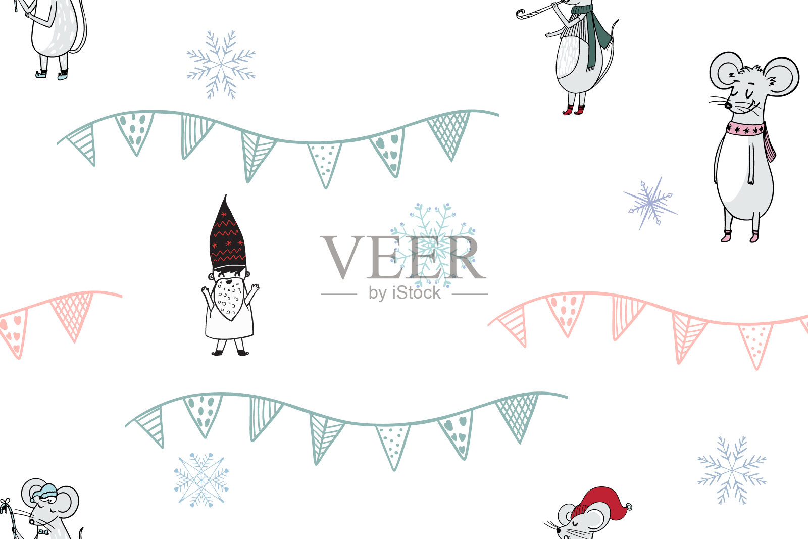 儿童无缝模式与鼠标。可爱的斯堪的纳维亚简约设计。表面的背景插画图片素材