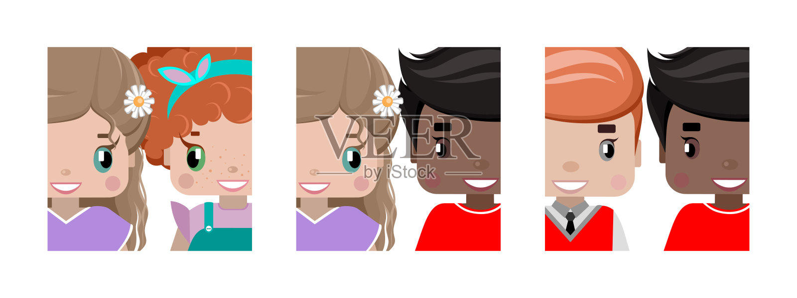 卡片与孩子们的友谊，男孩与男孩，男孩与女孩，女孩与女孩插画图片素材