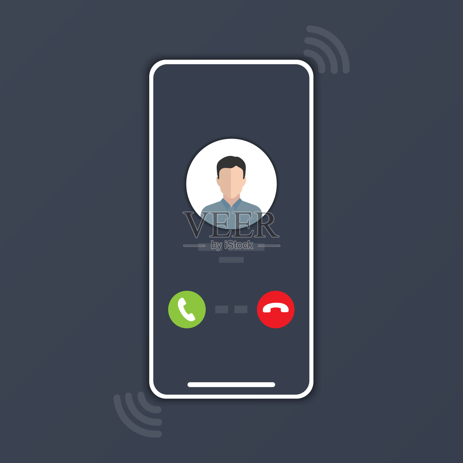 手机屏幕上有一个男人的电话，背景是深灰色。插画图片素材