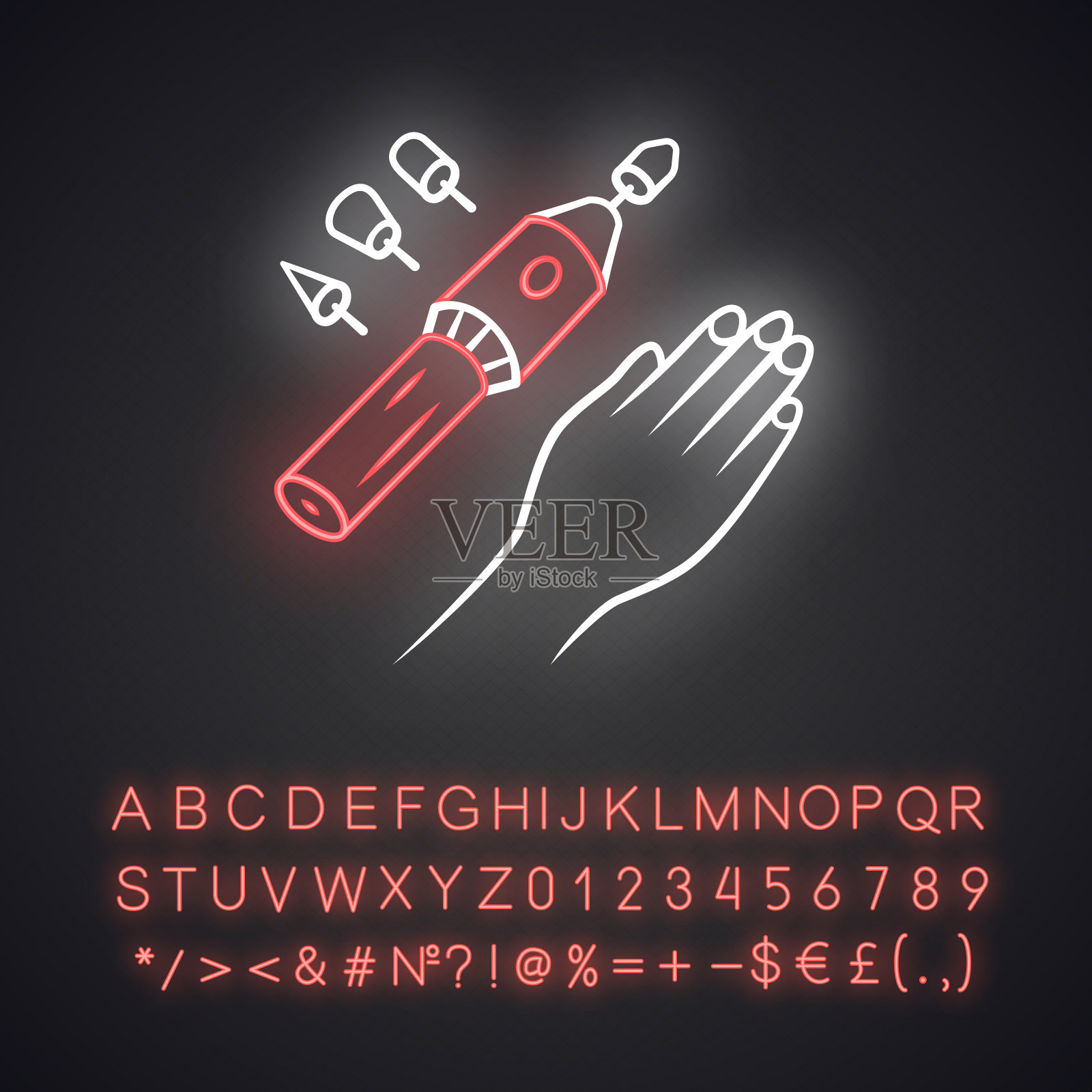 电子美甲霓虹灯图标。电动指甲锉钻和喷嘴。美容设备，沙龙和家庭使用。有字母、数字和符号的发光符号。向量孤立的插图插画图片素材