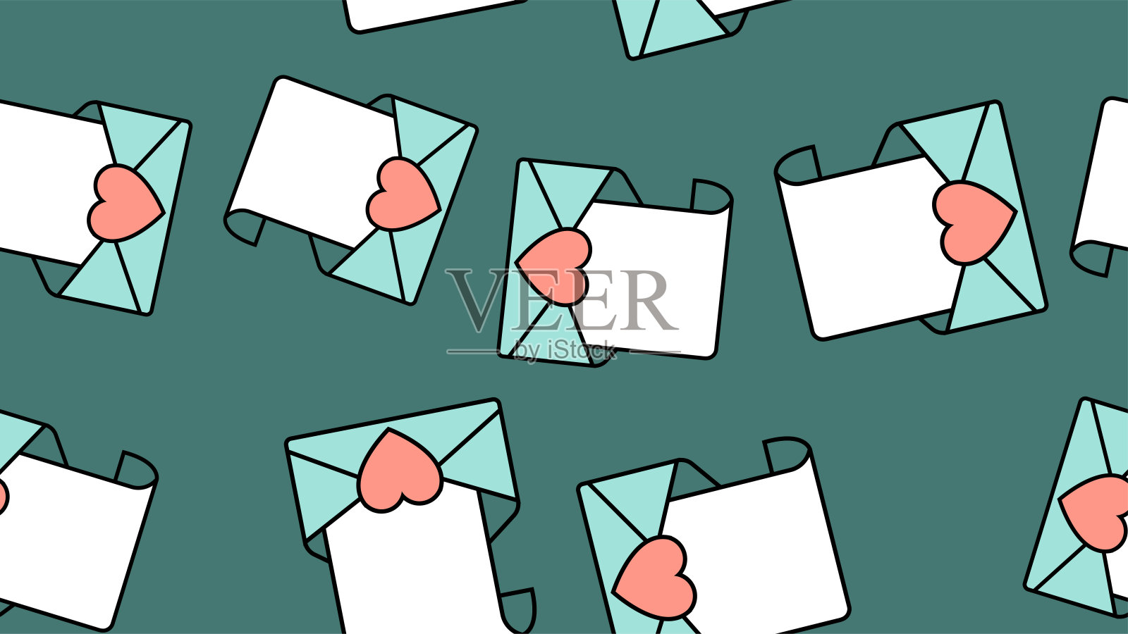 纹理无缝图案的扁平图标的邮件信封与心，爱的项目的节日情人节2月14日或3月8日在蓝色的背景。矢量图插画图片素材