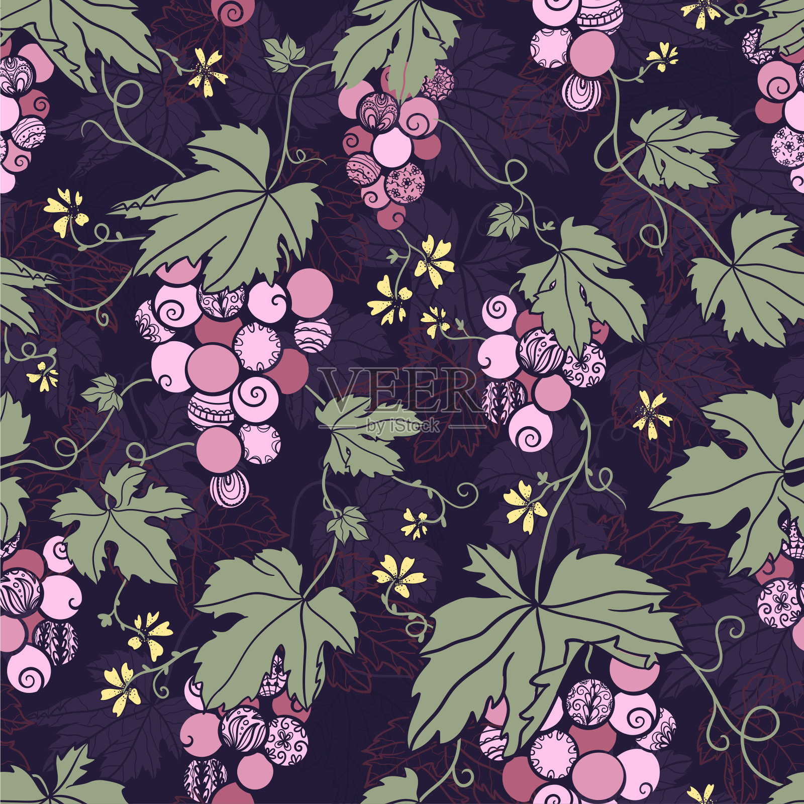 创意手绘葡萄和叶子无缝图案，美丽的葡萄酒背景，伟大的纺织品，瓶子袋，包装，横幅，壁纸-矢量设计插画图片素材