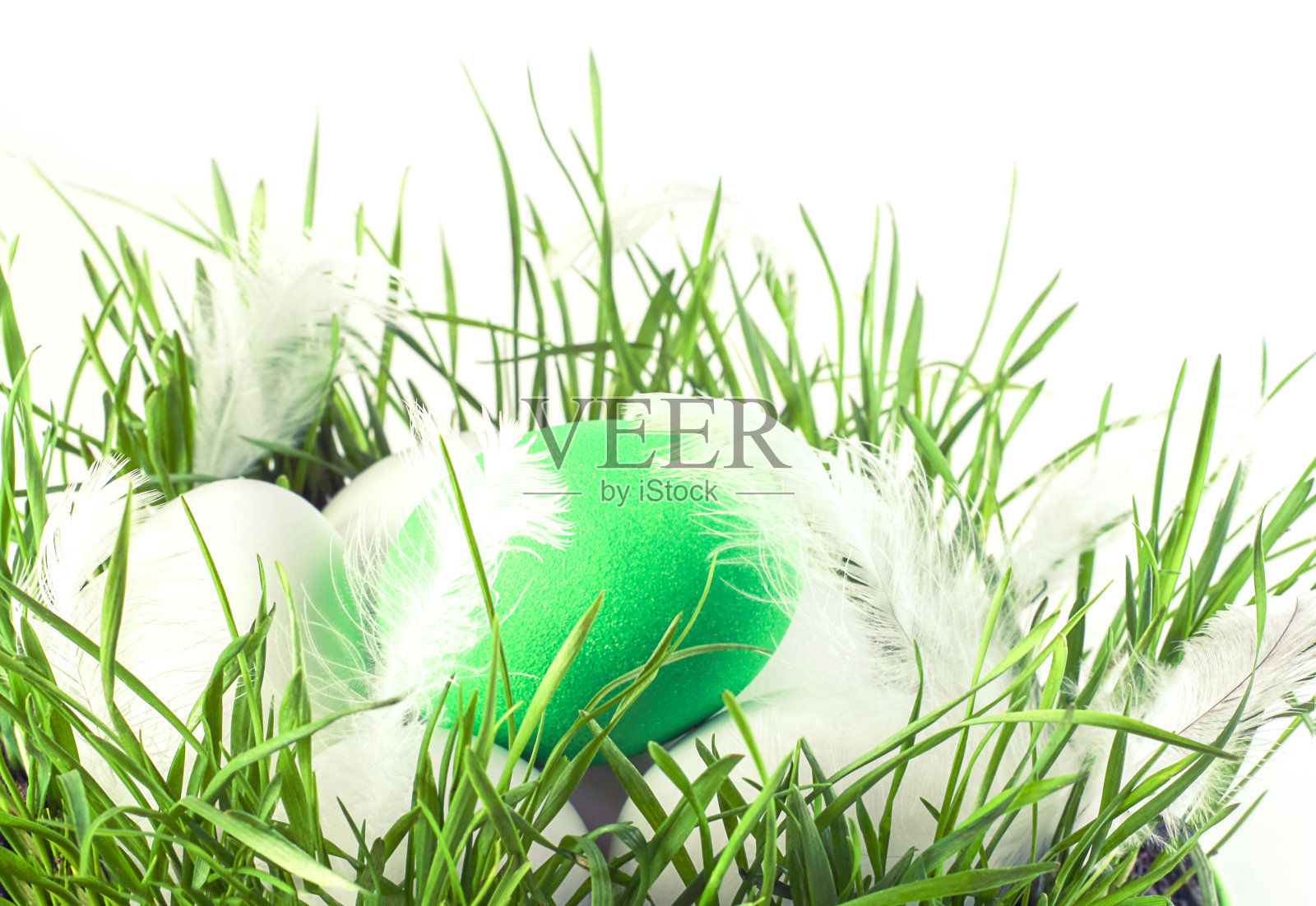 白色和绿色的蛋，绿色的草上白色的羽毛。复活节快乐的概念。照片摄影图片
