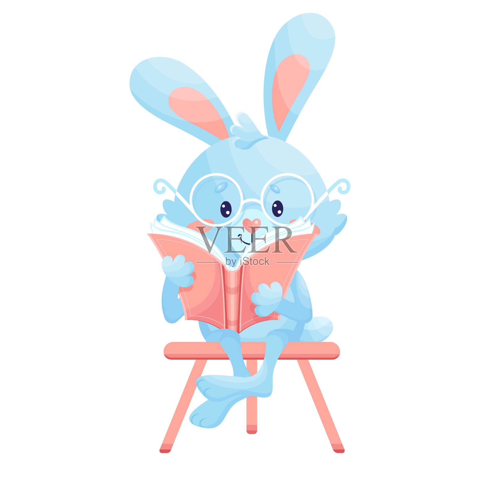 聪明的蓝色小兔子在看书。矢量插图。设计元素图片