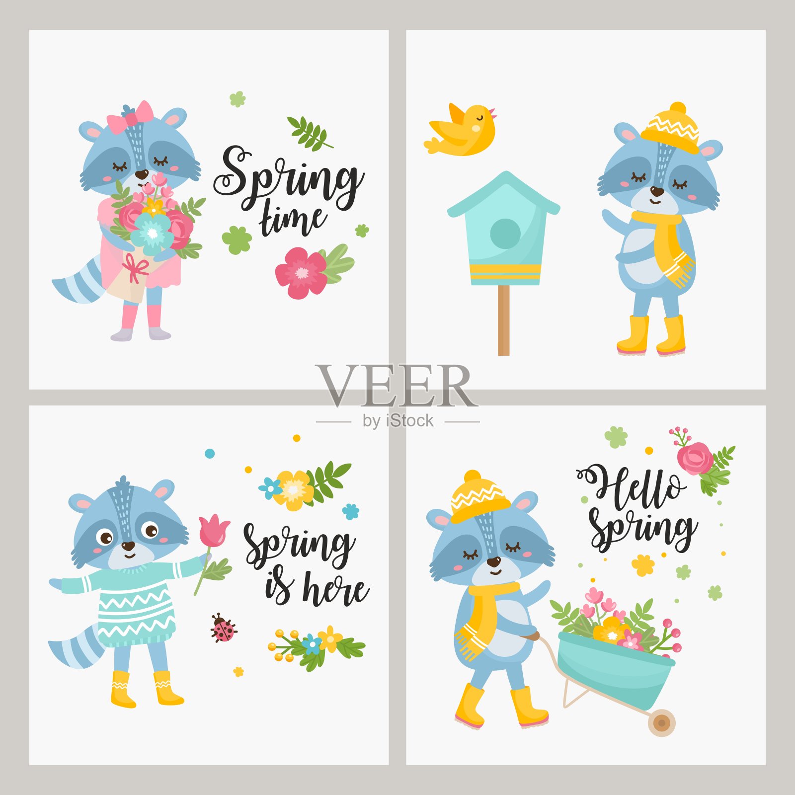 可爱的动物集合。浣熊用小推车，送春天的花束，浣熊用鸟屋，花束。动物们在春天欢庆。插画图片素材