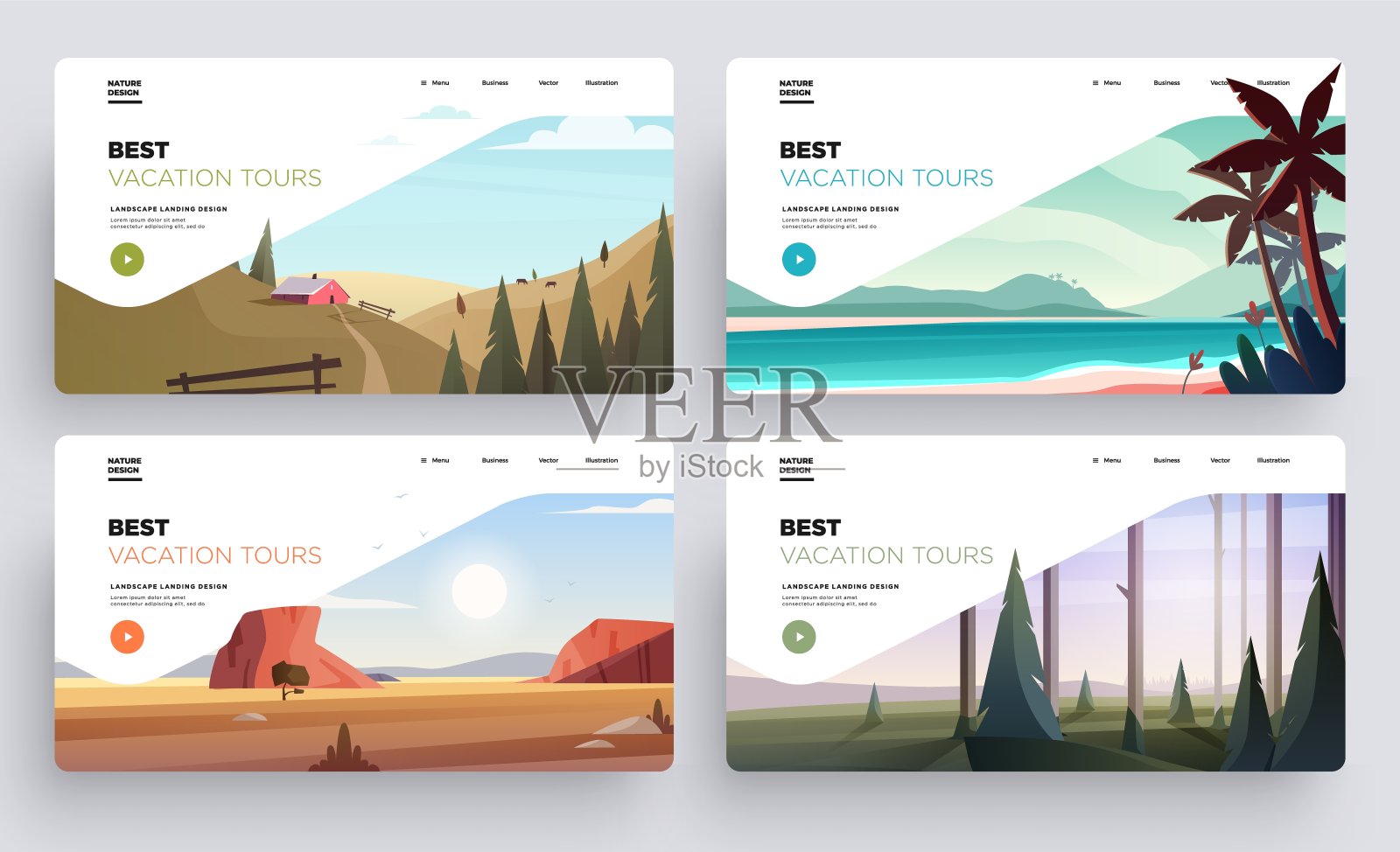 登录页面模板的集合。现代景观背景。最佳度假旅游广告插画图片素材