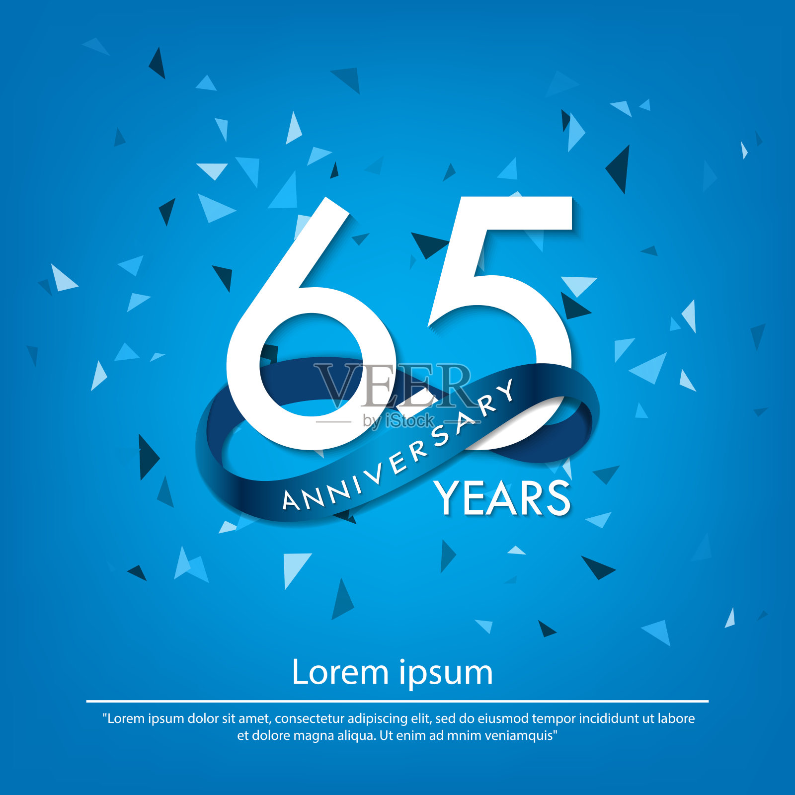 65周年庆典会徽。白色周年纪念标志孤立与蓝色圈丝带。矢量插图模板设计的网页，海报，传单，贺卡和邀请卡插画图片素材