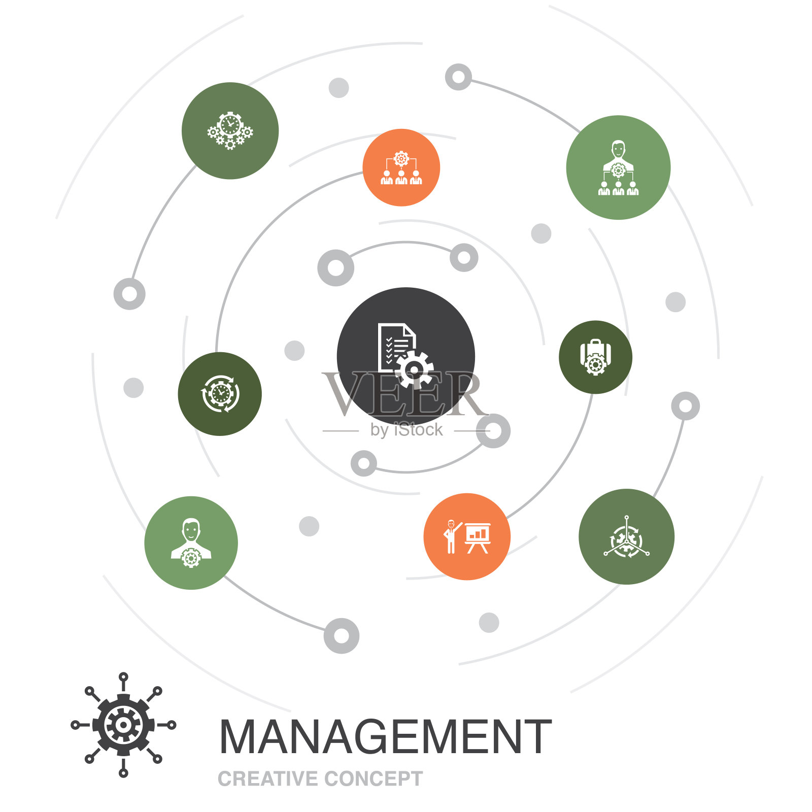 用简单的图标管理彩色圆圈的概念。包含经理、控制、组织、表示等元素插画图片素材