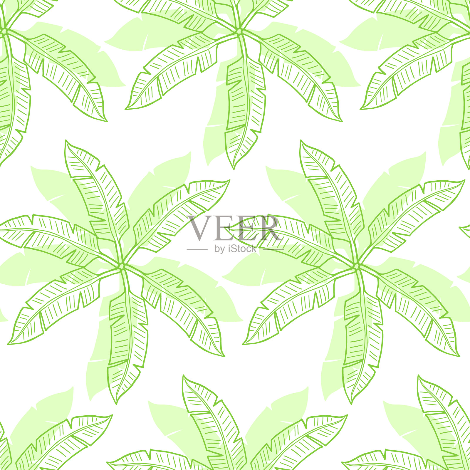 手绘抽象无缝图案与绿色棕枝。奇异的热带叶子孤立在白色的背景上。可爱的模板，卡片，织物，包装纸。矢量图插画图片素材