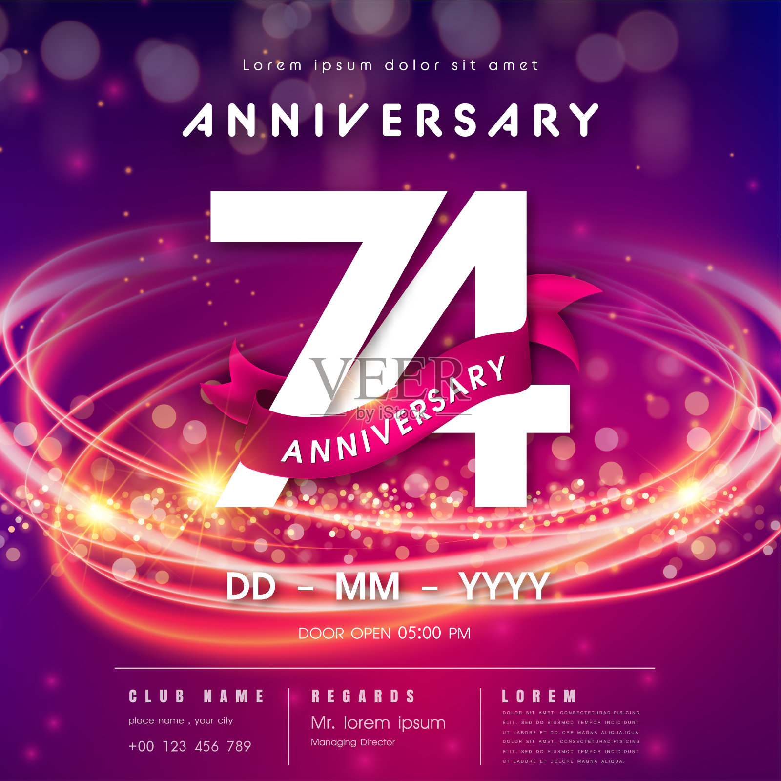 74周年纪念标志模板紫色抽象未来主义空间背景。第74届现代科技设计以高科技网络数字技术概念设计元素庆祝数字。插画图片素材