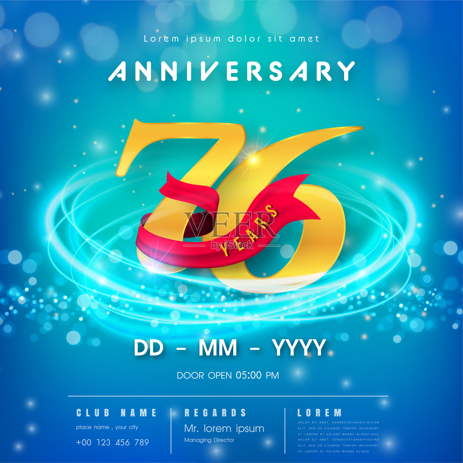 76周年纪念标志模板以蓝色抽象的未来主义空间为背景。76号现代科技设计庆祝数字与高科技网络数字技术概念设计元素。插画图片素材