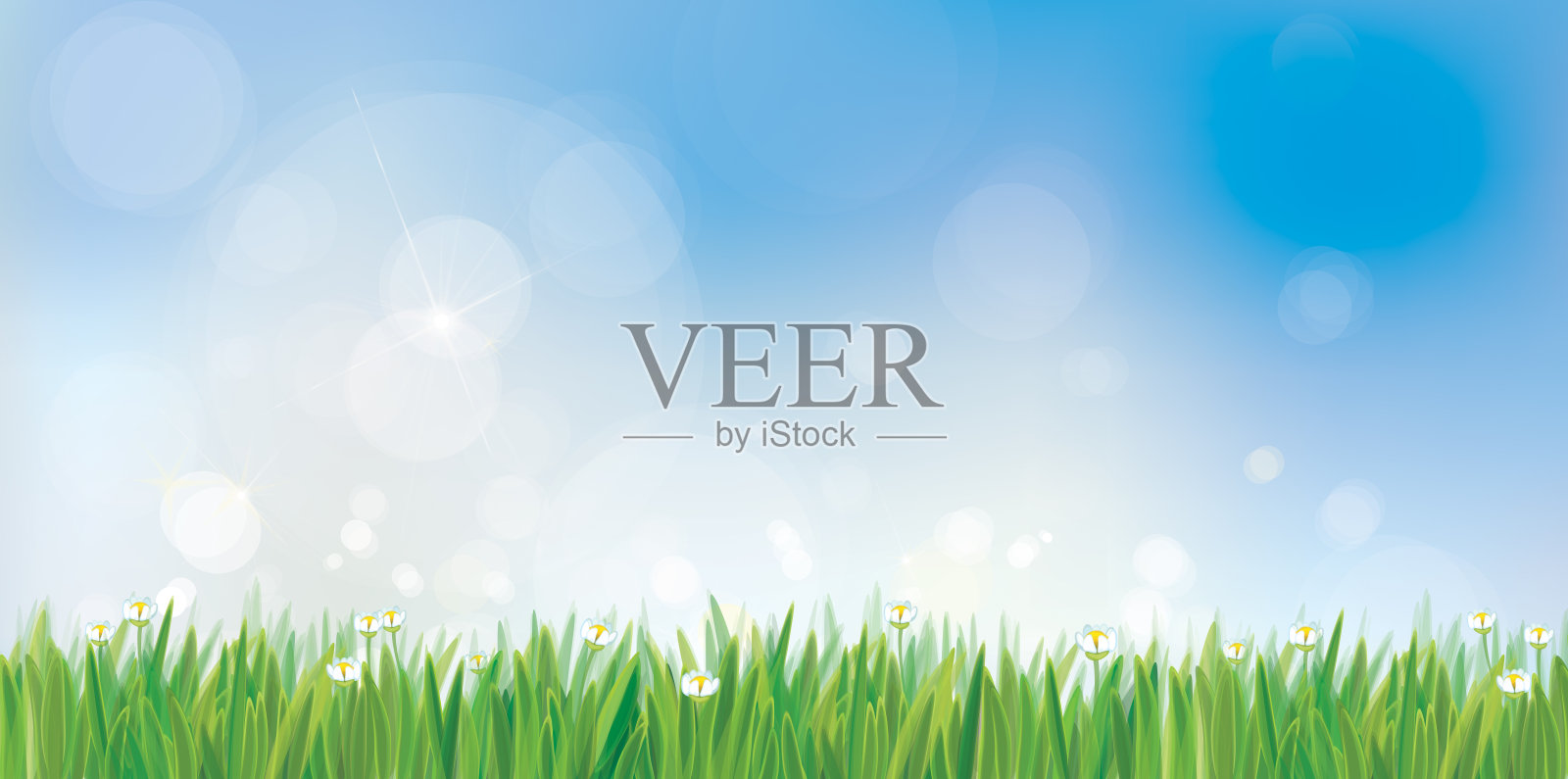 向量春天的自然背景，蓝天和绿草的边界。插画图片素材