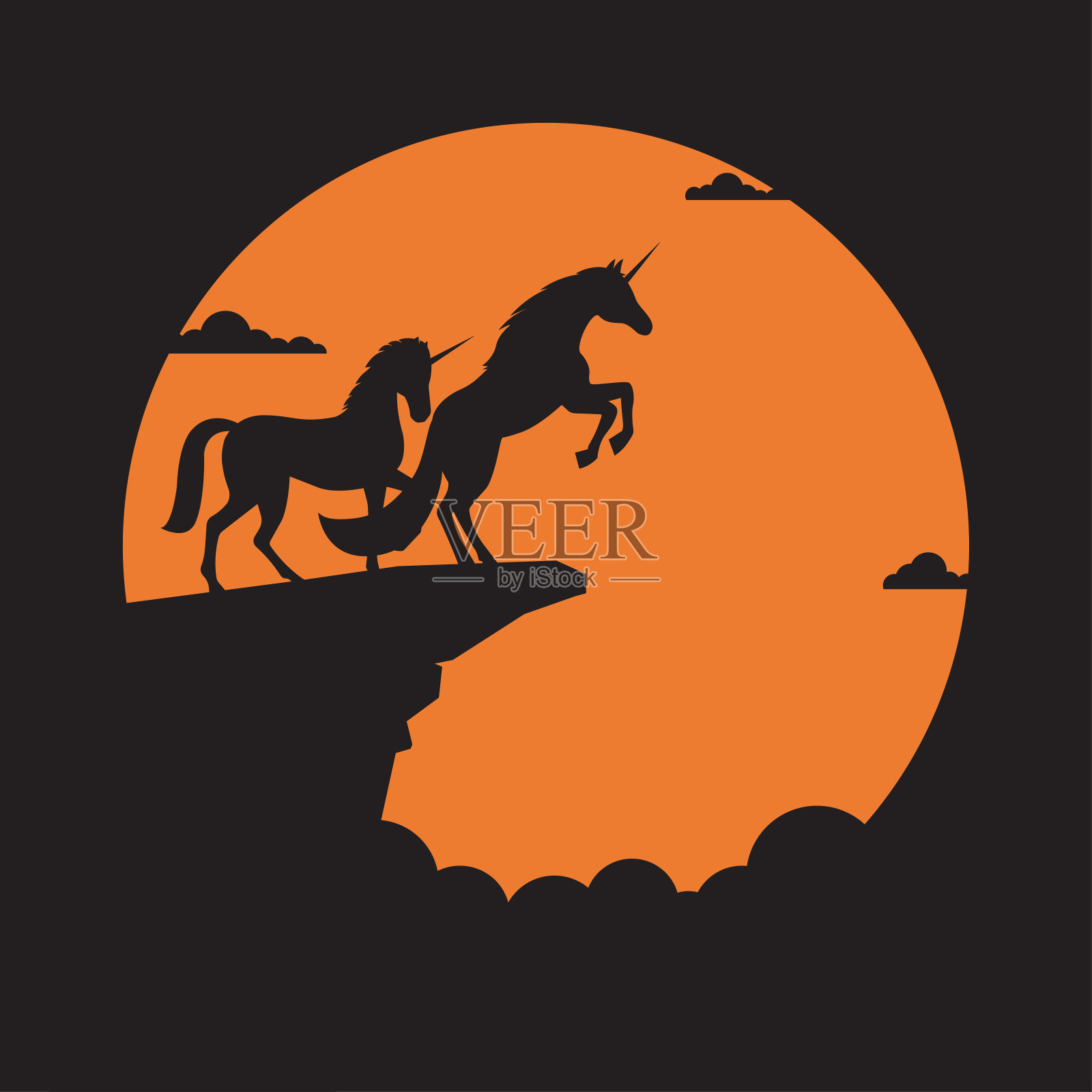 悬崖上的剪影麒麟马与日落的背景插画图片素材