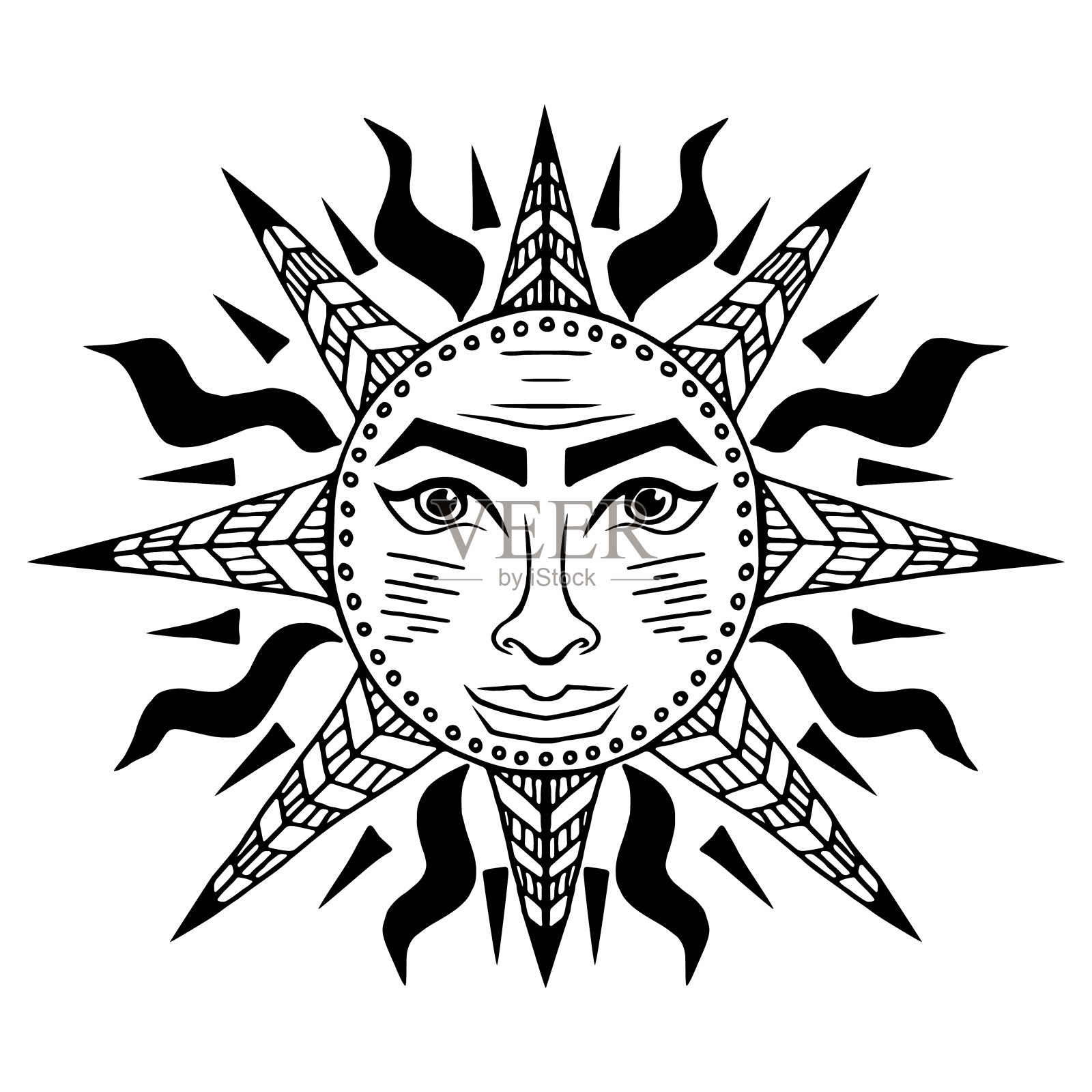 插图与美丽的手绘太阳符号。设计元素图片