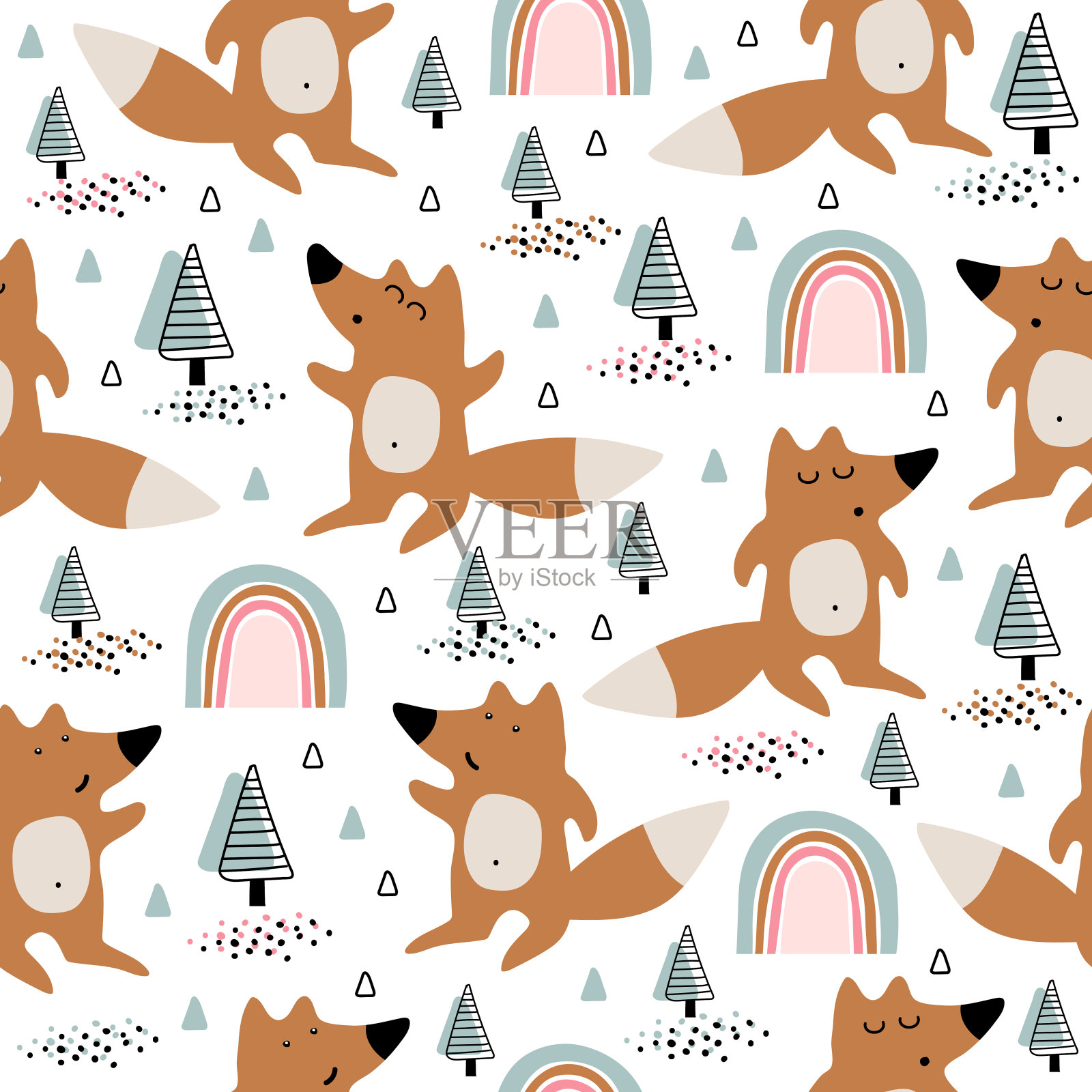 无缝的儿童背景与可爱的橙色狐狸插画图片素材