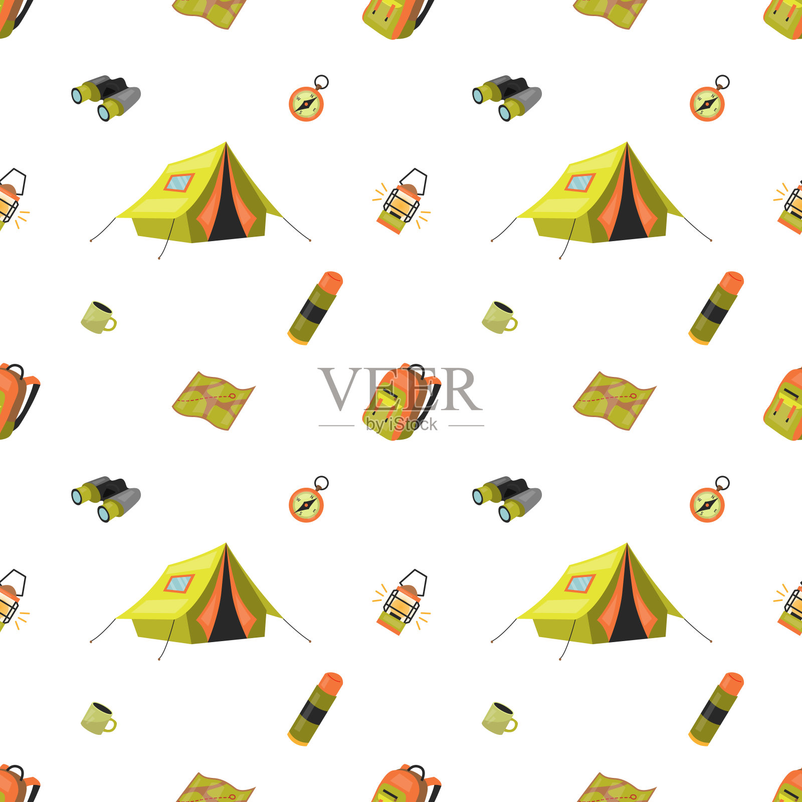 露营的概念。无缝模式的露营图标孤立在白色背景。卡通平的风格。矢量图插画图片素材