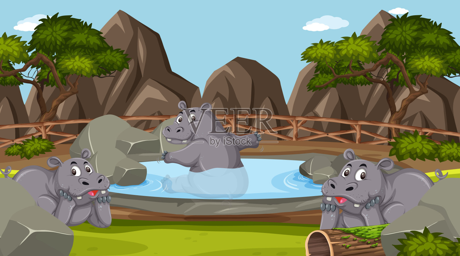 白天动物园里野生动物的场景插画图片素材