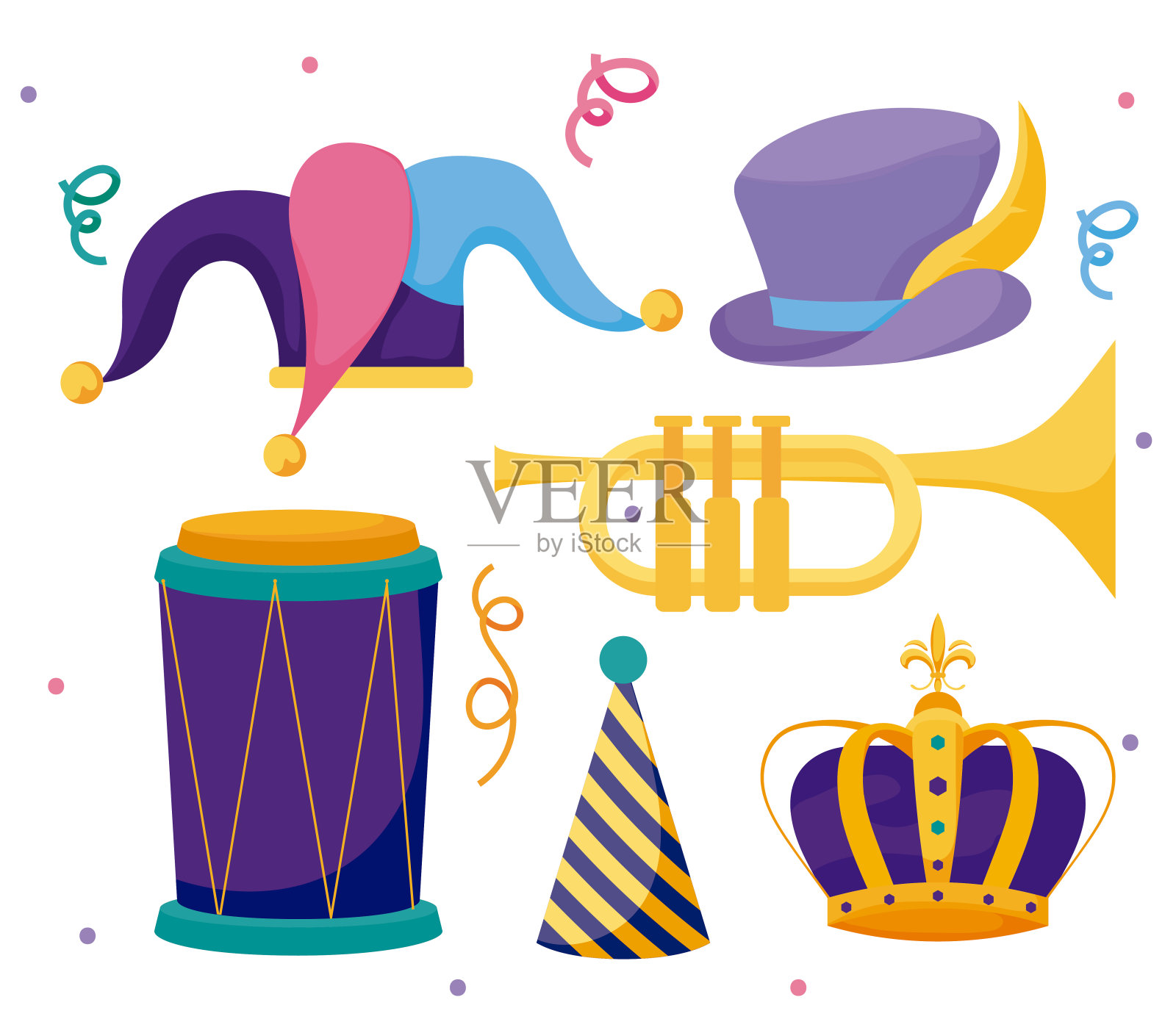 狂欢节帽子皇冠喇叭和鼓矢量设计插画图片素材