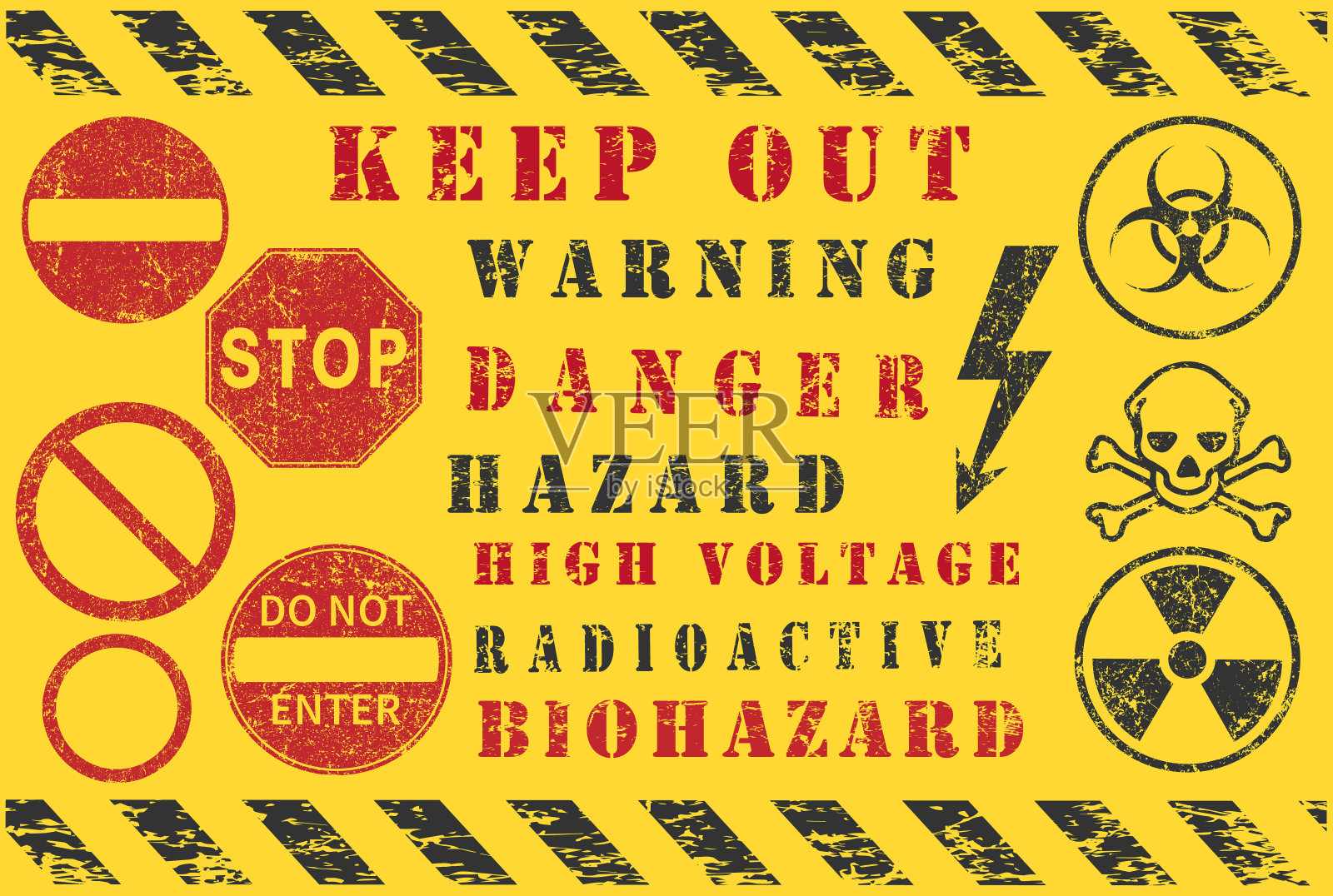 安全警示斜条纹。危险，请勿进入，危险图标形状标志。高电压，放射性，有毒标志符号。矢量插图形象。孤立在黄色背景上。枯燥乏味的纹理。插画图片素材