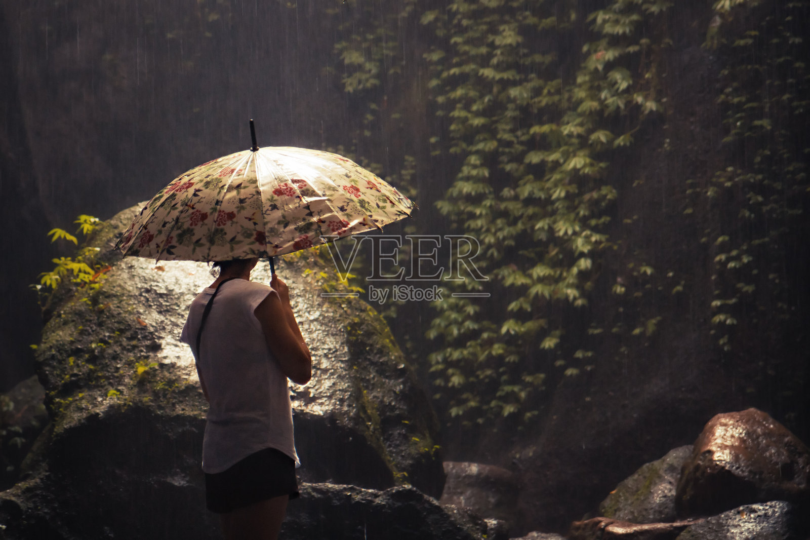 美丽孤独沉思的女人独自撑着伞站在黑暗的森林里，在恶劣的天气里，复古的风格，带有戏剧性的情绪照片摄影图片