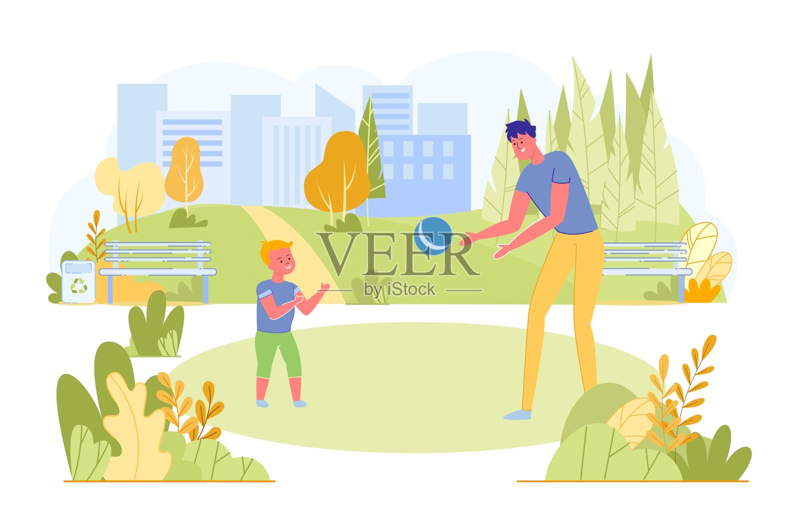 爸爸和儿子在公园公寓玩球。设计元素图片