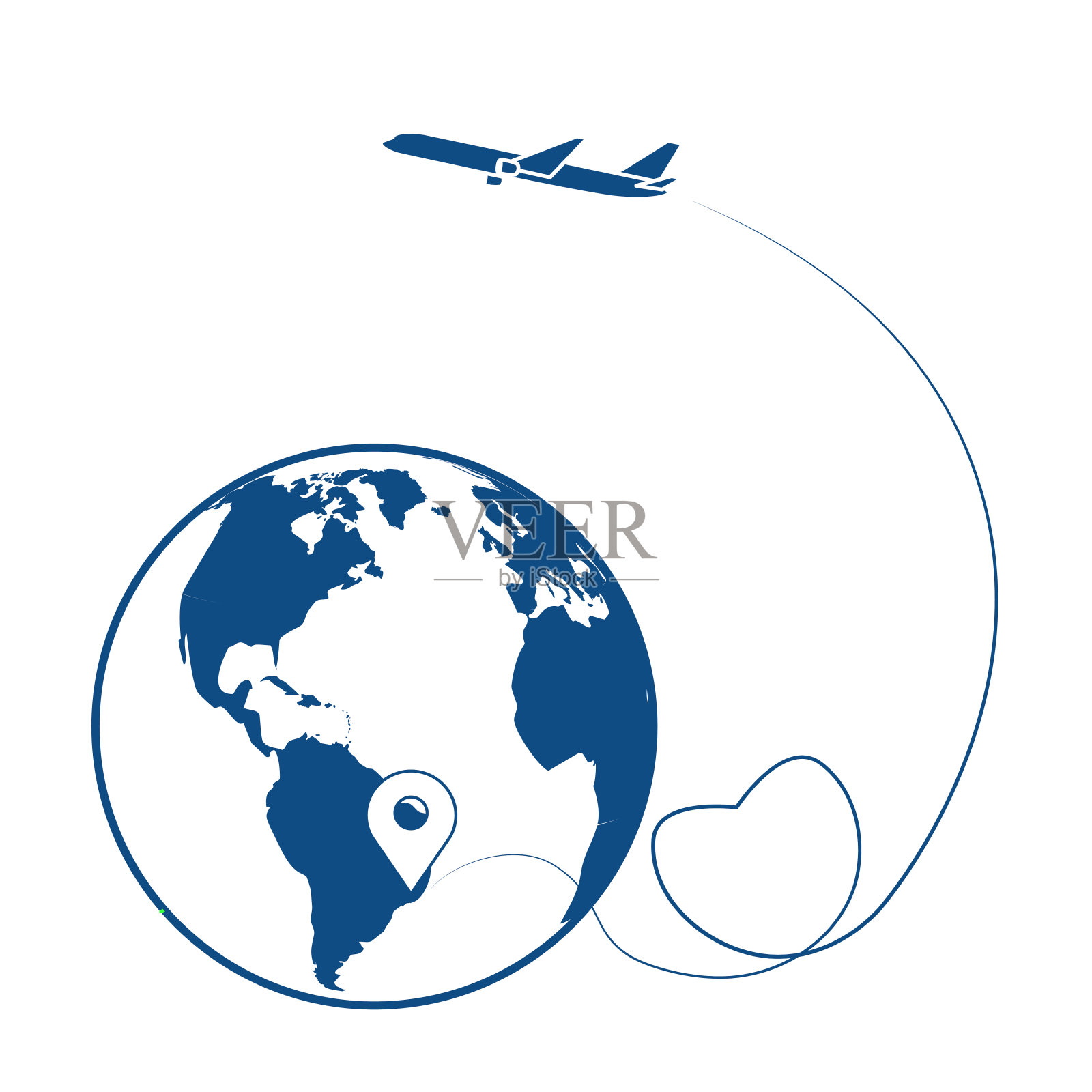 全球物流网络。心形的飞机航线。浪漫的旅行概念。蓝色的线有起点，球，心，飞机和线的轨迹。矢量插图EPS10。插画图片素材
