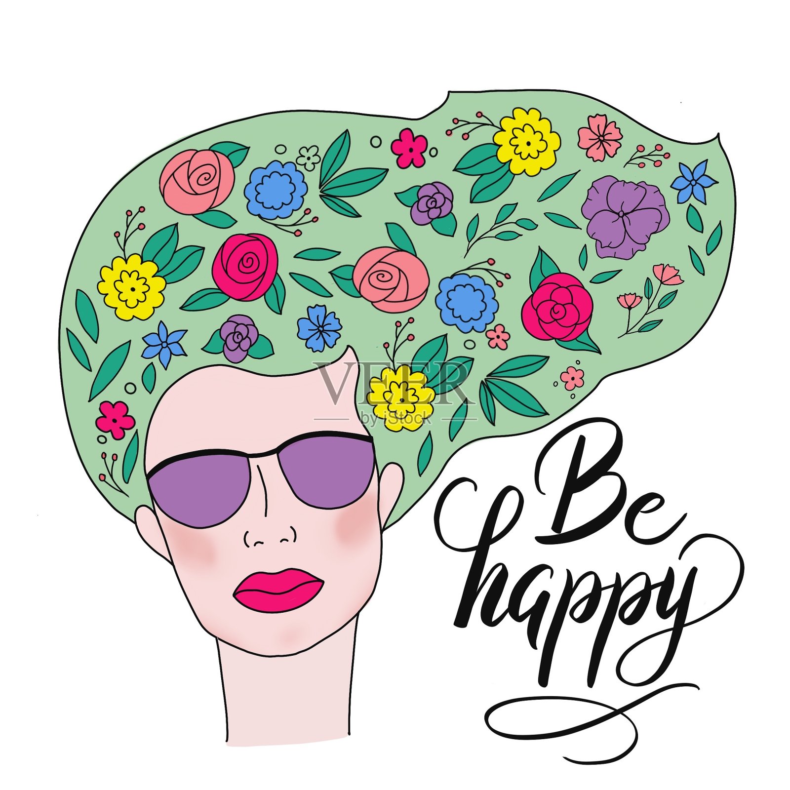 明亮的插图一个女孩与春天的心情，与鲜花在她的头发。用于明信片、笔记本封面、纺织品和t恤印花插画图片素材