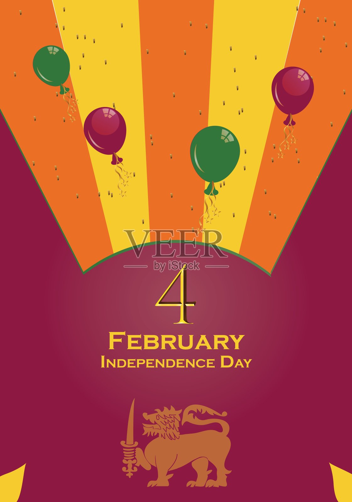 2月4日。斯里兰卡独立日贺卡。庆祝背景与飞翔的气球和挥舞的旗帜。矢量图设计模板素材