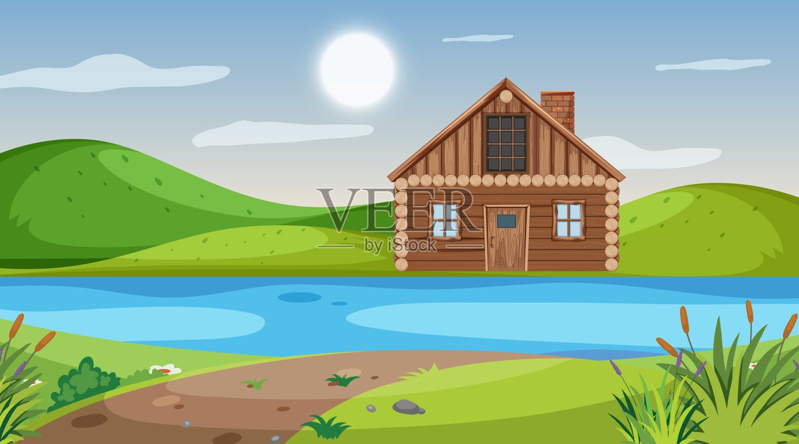 山那边河边的木屋景色插画图片素材