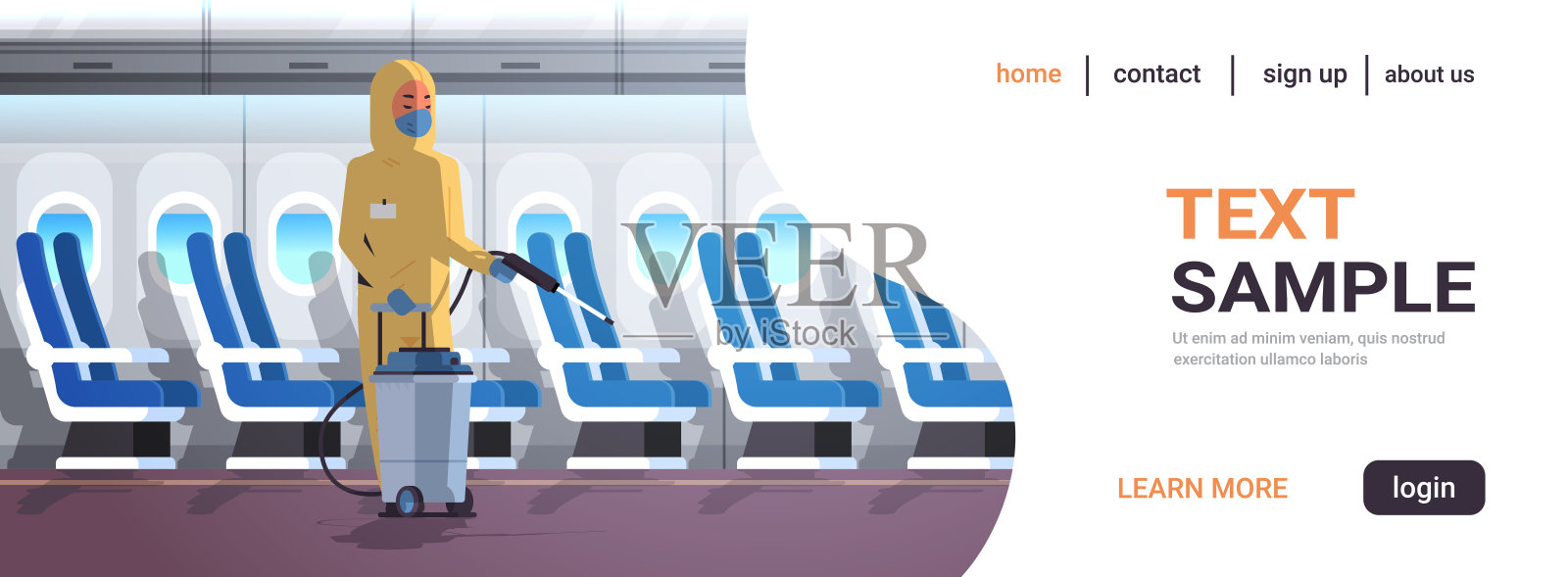 防护服专家清洗和消毒飞机上的流行MERS-CoV病毒COVID-19 2019-nCoV大流行医疗健康风险概念飞机内部水平复制空间插画图片素材