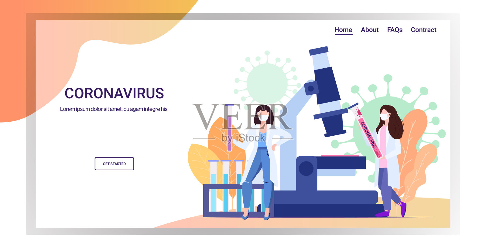 微生物学家持有管状冠状病毒生物样本在实验室显微镜分析流行MERS-CoV2019-nCoV大流行医学健康风险拷贝空间全长水平插画图片素材