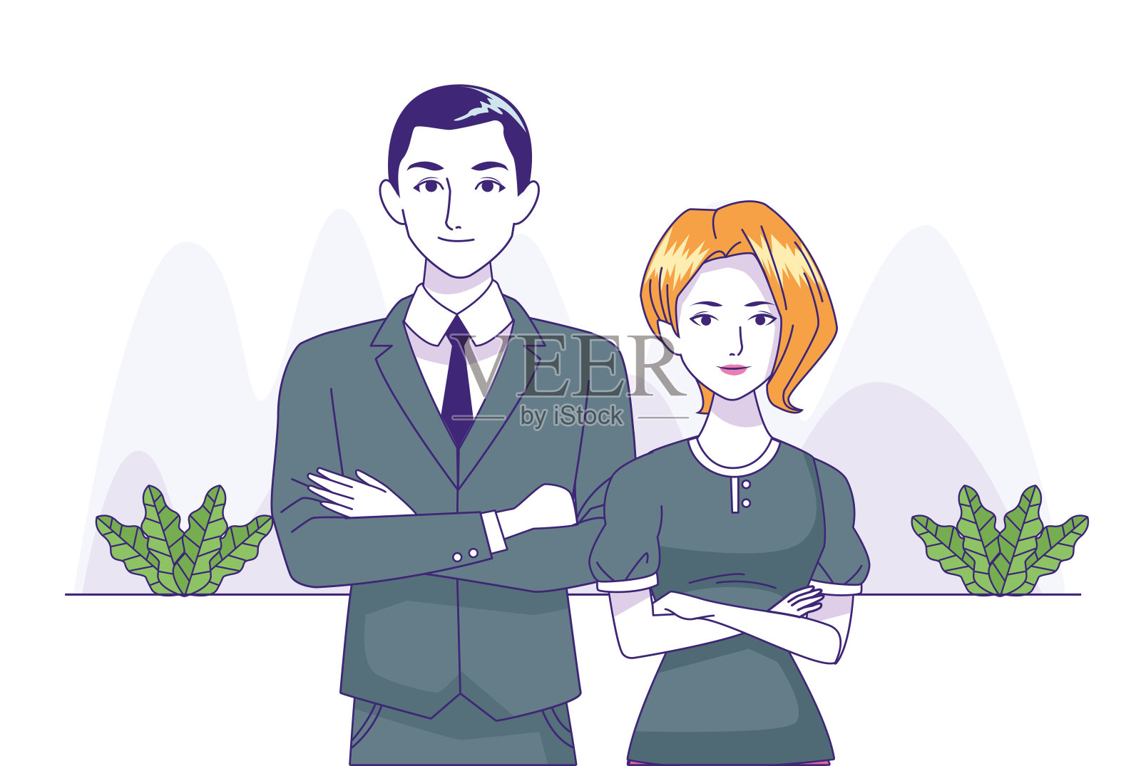 商务伉俪站立，花色缤纷插画图片素材